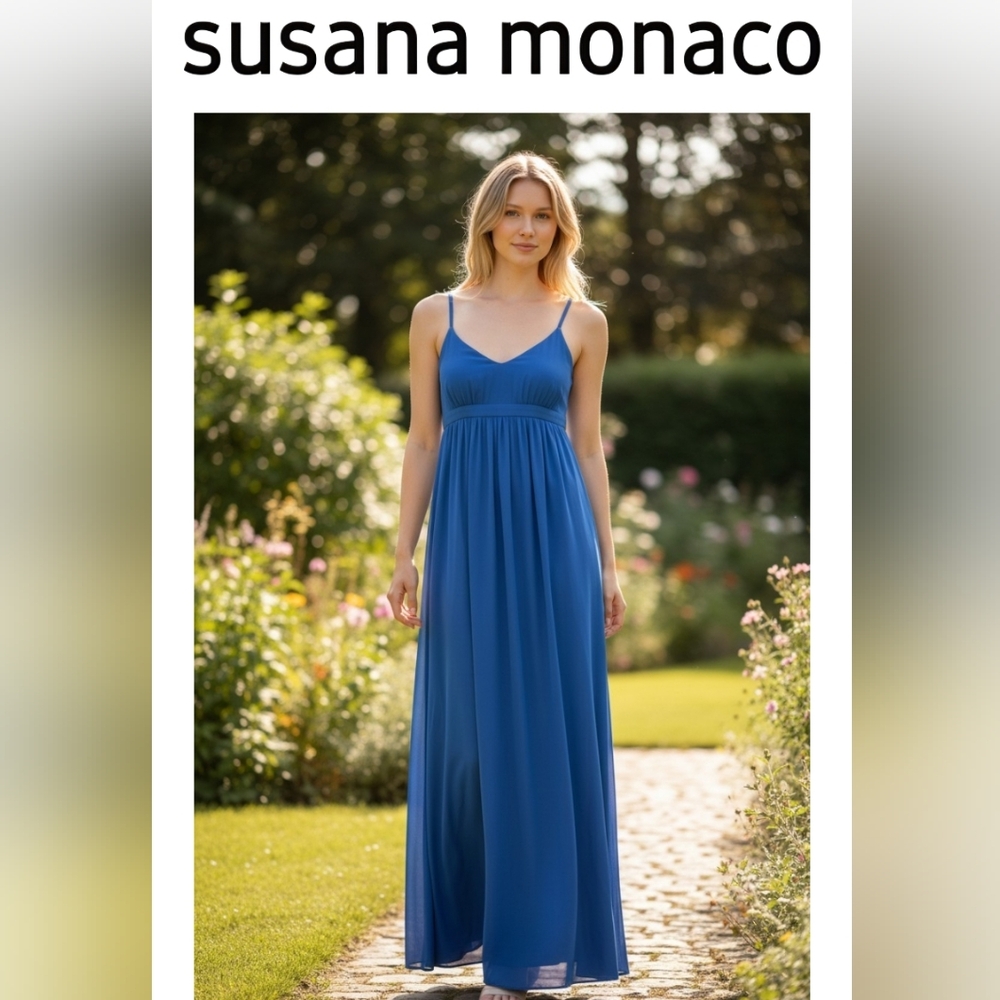 SUSANA MONACO Slip String Knit Maxi Dress Blue Square Neck High Waist Pockets LG